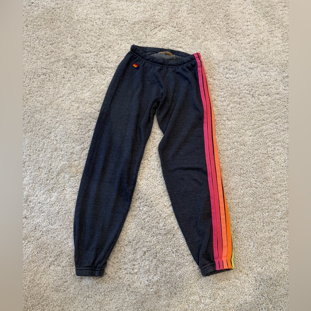 AVIATOR NATION 5 STRIPE SWEATPANTS HEATHER NAVY/NEON RAINBOW SMALL - Picture 7 of 13